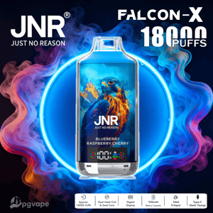 Vibrant product advertisement for the JNR Falcon-X disposable vape showing a central device decorated with a blue-and-orange falcon, surrounded by a neon blue ring and swirling pink and blue vapor, prominent text reading JNR Just No Reason and Falcon‑X 18000 puffs, flavor labeled Blueberry Raspberry Cherry, and feature icons along the bottom for approx. 18,000 puffs, dual mesh coil, digital display, 950mAh battery, 24ml e-liquid and Type‑C quick charge.