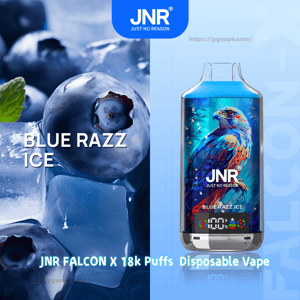 Icy close-up of blueberries and ice beside a JNR Falcon X disposable vape device with vibrant falcon artwork, blue liquid reservoir, digital puff counter and the label Blue Razz Ice.