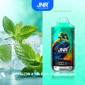 Turquoise-themed product ad split vertically: close-up ice cubes and fresh mint leaves with the label COOL MINT on the left, and a colorful JNR Falcon X disposable vape device featuring a vibrant falcon illustration, digital puff counter, and branding with text indicating 18k puffs on the right.