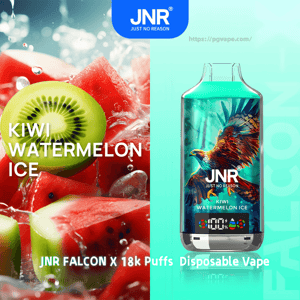 Split advertisement showing juicy kiwi slices and watermelon cubes with ice on the left and a turquoise JNR Falcon disposable vape on the right with a colorful falcon illustration, the JNR logo, and the label 'Kiwi Watermelon Ice' and '18k Puffs'