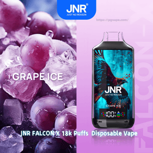 Close-up of purple grapes and ice labeled GRAPE ICE beside a JNR Falcon X disposable vape featuring a blue falcon graphic, JNR logo and text referencing 18k puffs on a pink-purple background.