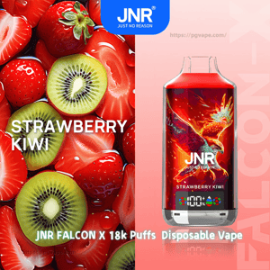 Split advertisement showing piled strawberries and sliced kiwis labeled 'STRAWBERRY KIWI' on the left and a red JNR Falcon X disposable vape device with a flaming falcon graphic, 'JNR JUST NO REASON' branding, and '18k Puffs' labeling on the right.