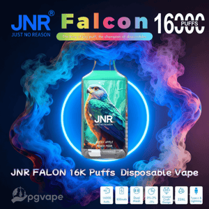Reklambild av en engångsvape från JNR Falcon med en färgglad papegojdesign inuti en neonring, reklam för 16 000 puffar och produktspecifikationer över en virvlande blå och lila ångbakgrund.