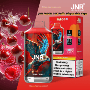 Red JNR Falcon disposable vape featuring blue-and-red falcon artwork beside its matching box labeled “Falcon” and “16000 puffs – Cherry Berry,” with splashing cherries and raspberries in the background.