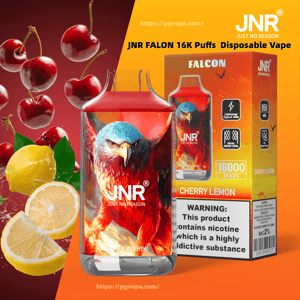 Promotional image of a JNR Falcon disposable vape and matching Cherry Lemon flavor box featuring a red-and-blue falcon illustration, labeled 16,000 puffs, surrounded by cherries and lemon slices with a visible nicotine warning, set on an orange-yellow background.