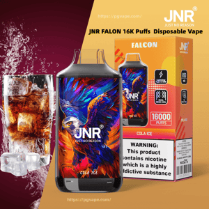 Colorful JNR Falcon disposable vape featuring vibrant eagle artwork and 'Cola Ice' label shown in front of its orange box marked '16000 puffs', with a glass of cola and ice splashing beside it.