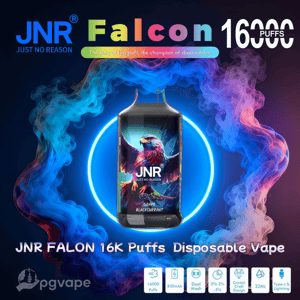 Annons som visar en JNR (Just No Reason) Falcon engångsvape-enhet med en illustrerad örn och 'Druva Svarta vinbär'-smak, placerad inuti en neonblå rökring med färgglad ånga och text som gör anspråk på 16 000 bloss och nyckelfunktionsikoner.