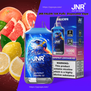 A vibrant product display showing a JNR Falcon disposable vape device and box featuring a blue eagle illustration labeled Grapefruit Lemonade Ice with sliced grapefruits and lemons in the background, packaging text noting 16,000 puffs and a nicotine warning.