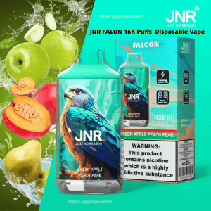 Bright teal promotional image showing a JNR Falcon 16K disposable vape and matching box with a colorful falcon illustration, sliced green apple, peach and pear splashing in water, and a visible nicotine warning plus icons for 16,000 puffs and 850 mAh.