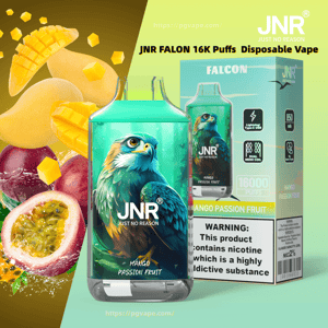 Teal-green JNR Falcon disposable vape device featuring a detailed falcon illustration and 'Mango Passion Fruit' label, shown next to its boxed packaging marked '16,000 puffs' with mango and passion fruit images and a nicotine warning.