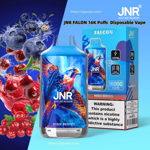 A bright product photo of a blue JNR 'Falcon' disposable vape and its box featuring a colorful falcon illustration, 'Mixed Berries' flavor, '16000 puffs' claim, battery and coil icons, and a nicotine warning label, set against a split background with raspberries, blueberries and cranberries.