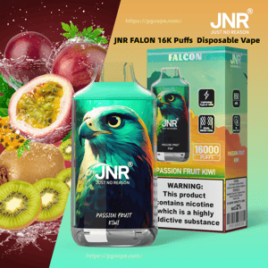 Teal JNR Falcon disposable vape featuring a colorful hawk illustration and 'Passion Fruit Kiwi' label, shown beside its matching box that advertises 16,000 puffs with icons and a warning, set against a background of passion fruit and kiwi splashes.
