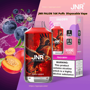 Close-up of a red JNR Falcon disposable vape labeled 'Peach Berry' with a hawk illustration in front of its pink retail box showing '16,000 puffs' and a nicotine warning, set against a purple background with splashing peaches and blueberries.