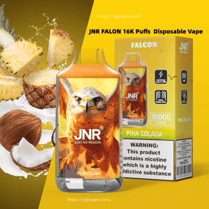 Bright yellow advertisement showing a JNR Falcon 16,000‑puff disposable vape and matching box labeled Pina Colada, surrounded by pineapple slices, a coconut and splashing liquid, with product icons and a nicotine warning on the packaging.