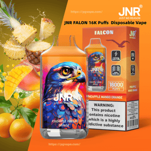 Bright orange advertisement showing a JNR Falcon disposable vape and matching box featuring a colorful hawk illustration, labeled Pineapple Mango Orange and 16,000 puffs, with sliced pineapple, mango and oranges in the background and a nicotine warning on the packaging.
