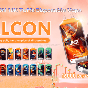 Advertisement for JNR Falcon disposable vapes featuring two large orange-and-gold devices with a soaring falcon illustration, rows of smaller colorful vape units representing flavors, the JNR logo and text reading FALCON and 16,000 puffs on a soft peach background.