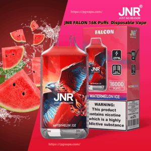 Bright pink-red promotional image of a JNR Falcon disposable vape and matching box labeled Watermelon Ice and 16,000 puffs, showing a colorful bird illustration on the device, splashing watermelon slices in the background, and a visible nicotine warning label.