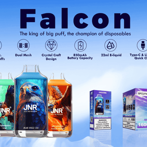 Three colorful JNR Falcon disposable vape devices with hawk artwork and matching packaging against a sky‑blue backdrop, with a large 'Falcon' title above and icons noting approx. 16,000 puffs, dual mesh, crystal craft design, 850mAh battery, 22ml e‑liquid, and Type‑C/Lightning quick charge.