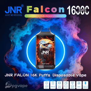Black JNR Falcon disposable vape with a fierce eagle illustration centered in a neon blue ring surrounded by swirling blue and pink vapor, prominently labeled Falcon 16000 Puffs with small icons showing specs like 16,000 puffs, 850mAh, dual mesh and 22mL.