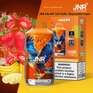 Bright orange JNR Falcon disposable vape device and matching box featuring a blue falcon illustration labeled 