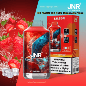 Close-up of a red JNR Falcon disposable vape and matching box labeled Strawberry Ice with a blue falcon illustration, '16,000 puffs' branding and nicotine warning, set against splashing strawberries and ice cubes.
