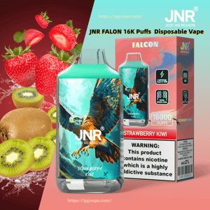 Close-up of a JNR Falcon disposable vape device and matching box with colorful eagle artwork labeled Strawberry Kiwi and 16,000 puffs, shown alongside sliced strawberries and kiwis and a visible nicotine warning on the packaging.