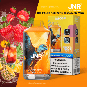 Colorful ad for a JNR Falcon disposable vape showing the device with an illustrated eagle and 