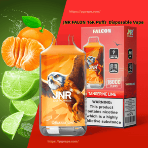 Packshot of a JNR Falcon disposable vape and its box labeled Tangerine Lime and 16,000 puffs, showing an orange falcon illustration on the device, tangerine slices and lime wedges against a split red and green background and a visible nicotine warning.