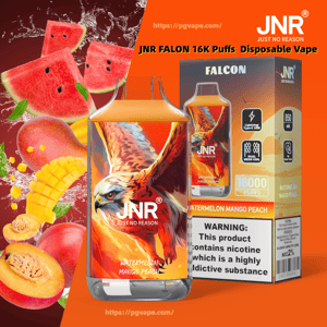 Bright orange product ad showing a JNR Falcon disposable vape and its box labeled Falcon and 16,000 puffs with an eagle illustration, surrounded by watermelon, mango and peach slices and a nicotine warning label.