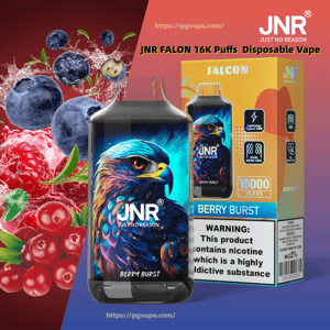 Close-up of a JNR Falcon disposable vape and its box featuring a vibrant illustrated falcon on the device, labeled “Berry Burst,” with splashing blueberries and cranberries in the background and a visible nicotine warning label.