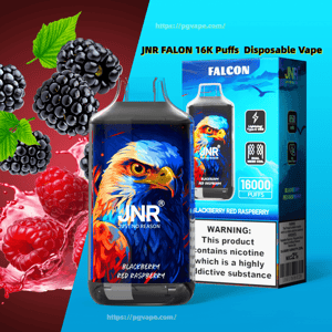 JNR Falcon disposable vape and box with a vivid eagle illustration, labeled Blackberry Red Raspberry and 16,000 puffs, set against splashing blackberries and raspberries with a visible nicotine warning on the packaging