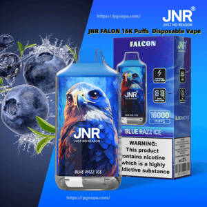 Blue JNR Falcon disposable vape and matching box with a vivid falcon illustration labeled 'BLUE RAZZ ICE' and 'JNR', shown with splashing blueberries and a nicotine warning noting 16,000 puffs.