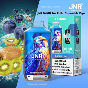 Colorful product image of a JNR Falcon disposable vape and its box with a vivid falcon illustration, blueberries and sliced kiwis splashing water to indicate Blueberry Kiwi flavor, and visible text noting 16,000 puffs and a nicotine warning.