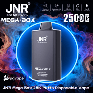 Promotional image of a sleek rectangular black JNR Mega·Box disposable vape centered in a glowing blue neon ring with colorful smoke, featuring branding text 'JNR Just No Reason', 'MEGA·BOX', '25,000 puffs', and flavor labels for blueberry, sour raspberry, and strawberry.