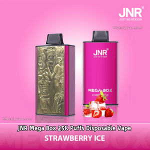 Two pink JNR Mega Box disposable vape devices on a pink gradient background, one featuring an ornate gold embossed panel and the other showing the JNR logo and 'Mega Box' label, with strawberries and ice cubes at their base and the flavor name 'Strawberry Ice' beneath them.