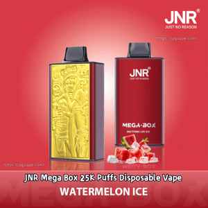 Two red JNR Mega Box disposable vape devices on a red gradient background—one showing a gold embossed side panel with a stylized relief and the other displaying JNR and MEGA·BOX branding—accompanied by watermelon slices and ice cubes and the label WATERMELON ICE at the bottom.