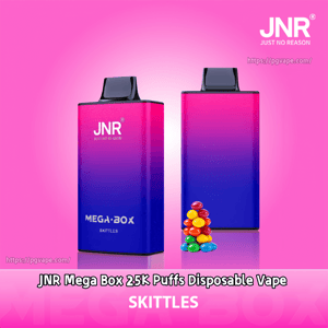 Two rectangular gradient pink-to-blue JNR Mega Box disposable vapes standing on a pink background with a small pile of colorful Skittles candies in front and the label indicating 'JNR Mega Box 25K Puffs SKITTLES' visible.