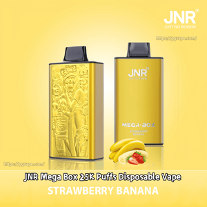 Two yellow JNR Mega Box disposable vape devices on a matching yellow background, one with decorative embossed artwork and the other showing JNR and MEGA-BOX branding, with strawberries and bananas pictured below and the flavor labeled STRAWBERRY BANANA.