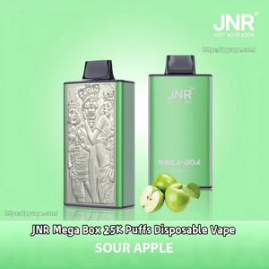Two green JNR Mega Box disposable vapes — one showing a detailed embossed silver panel and the other plain with JNR branding — displayed alongside sliced green apples and the label 'Sour Apple'.