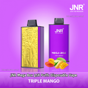Two purple JNR Mega Box disposable vape devices—one featuring a decorative gold embossed panel—shown with sliced mangoes and 'Triple Mango' branding on a bright purple background.