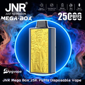 JNR Mega Box disposable vape with a gold-embossed front panel and blue metallic body centered inside a neon blue ring with swirling purple and orange smoke, labeled 25K puffs and showing icons for dual mesh coils, 850mAh battery, 30ml e-liquid, and Type-C quick charge.