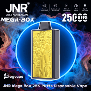 Rectangular JNR Mega Box disposable vape with a gold embossed panel depicting a crowned skeletal figure, centered in front of a glowing blue ring and swirling multicolored smoke, surrounded by branding and icons noting approx. 25,000 puffs, dual mesh coil, 850mAh battery, 30ml e-liquid and Type‑C quick charge.