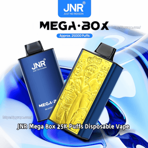 Two blue JNR Mega Box disposable vapes—one showing the JNR logo and the other with a decorative gold embossed panel—set against a swirling blue background with text indicating approximately 25,000 puffs.