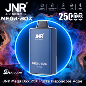Promotional poster showing a blue rectangular JNR Mega Box disposable vape labeled 'Mr. Blue' with the JNR 'Just No Reason' logo, set against a neon ring and multicolored smoke and text highlighting '25,000 puffs', 850mAh battery, 30ml e-liquid and Type-C quick charge.