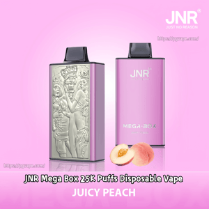Two pink JNR Mega Box disposable vape devices—one with an embossed metallic panel featuring skull-and-crown artwork and the other showing the JNR logo—displayed on a pink background with a halved peach and whole peach in front and the label JUICY PEACH beneath.