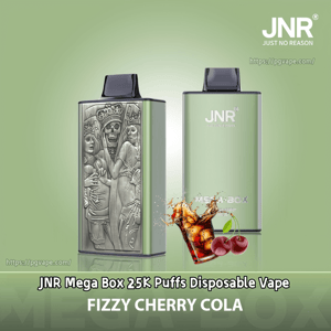 Two green JNR Mega Box disposable vapes on a pale green background—one showing an ornate metallic embossed panel with a crowned skeleton motif and the other bearing the JNR logo—paired with a splashing cola glass, two cherries, and the label Fizzy Cherry Cola.