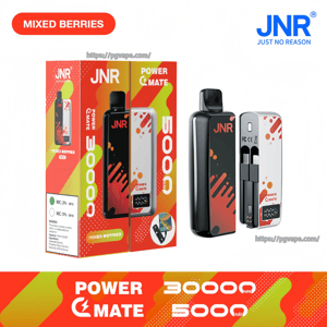 Retail product image of JNR Power Mate mixed-berries vape kit featuring red-orange packaging labeled 30000 puffs and 5000 mAh, with matching black and white pod devices showing abstract splash graphics and the JNR logo