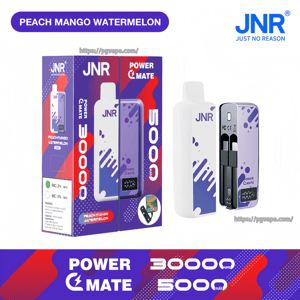 Purple-and-white JNR Power Mate vape kit and packaging labeled Peach Mango Watermelon, showing the brand logo 'Just No Reason' and claims of 30,000 puffs and 5000 mAh, with the device pictured closed and with its pod compartment open.