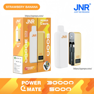 Orange JNR 'Strawberry Banana' product box on the left and two JNR Power Mate pods on the right — a closed white pod and a gold pod with its internal cartridges and charging contacts exposed — shown against a white background.