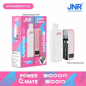 Pink-and-white JNR Power Mate Strawberry Ice vape packaging and two device views—one assembled and one opened to reveal internal batteries and a small LED display—displaying bold text for 30,000 puffs and 5000 mAh with the JNR logo.